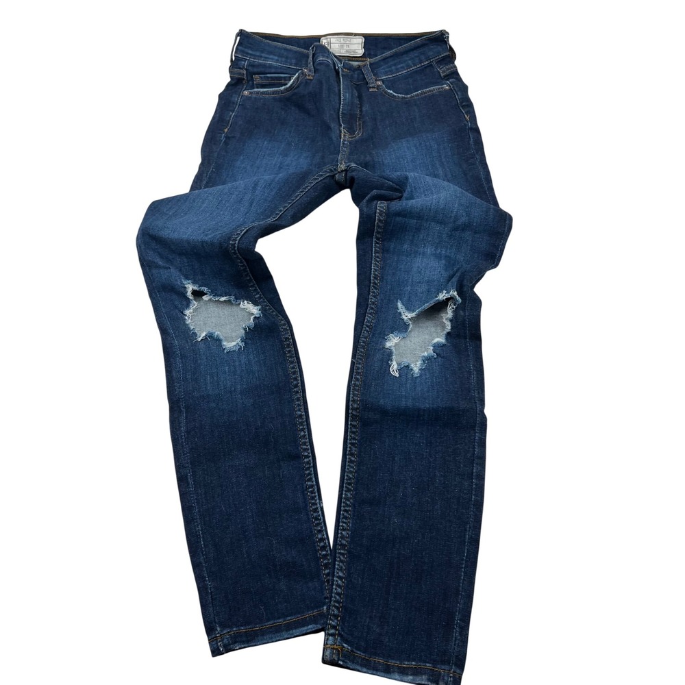 Free People High Rise Skinny Jeans Dark Wash Distressed Hem 26 61855-16515125